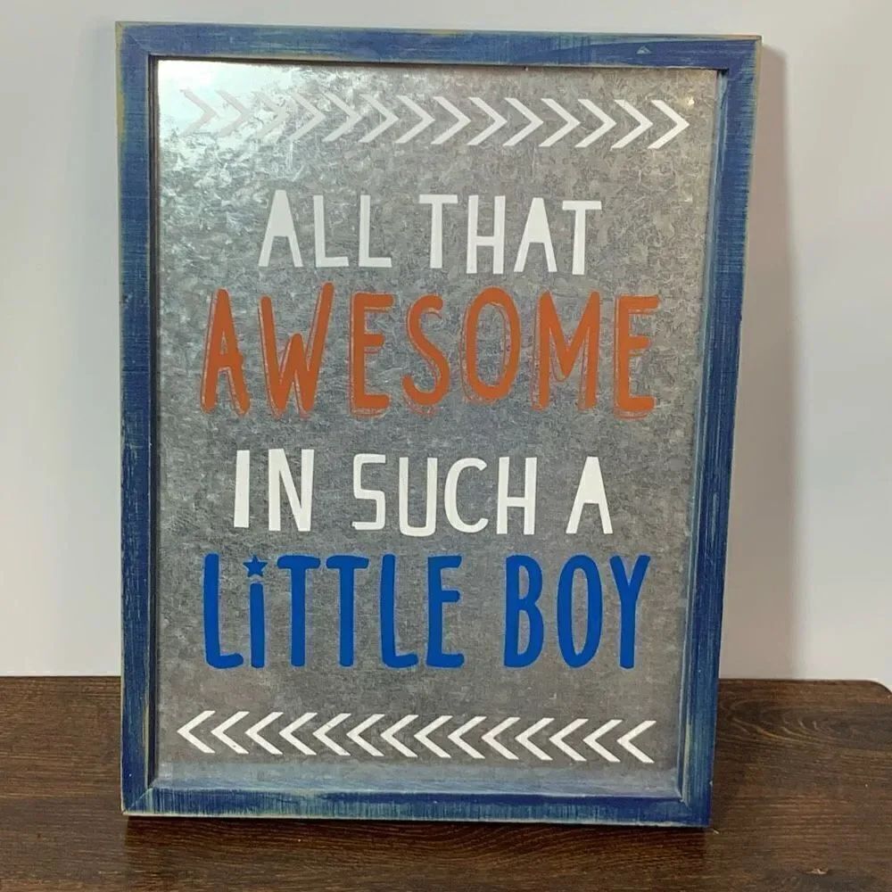 “All that awesome and such a little boy” tin wood frame wall hanging 